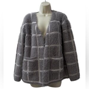 Love Ever After Women’s S Soft Fuzzy Open Front Cardigan Gray Plaid Layering